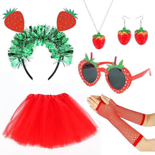 ZGCXRTO 6 Stück Erdbeer Kostüm Set,Obst Schmuckset Mit Erdbeer Anhänger,Erdbeer Haarband und Gläser,Damen Frucht Faschingskostüme,Hawaii Kostüm Accessoire, Erdbeer Party für Karneval(red) von ZGCXRTO