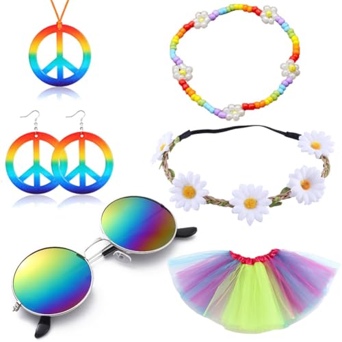 ZGCXRTO 6 Stück Hippie Kostüm Set, Hippie Accessoires mit Hippie Brille, Peace Kette, Ohrringe, Armbänder, Haarschmuck, Tütü Damen, 70er Jahre Accessoires für Party verkleiden ZGCXRTO 6 Stück Hippie Kostüm Set, Hippie Accessoires mit Hippie Brille, Peace Kette, Ohrringe, Armbänder, Haarschmuck, Tütü Damen, 70er Jahre Accessoires für Party verkleiden von ZGCXRTO