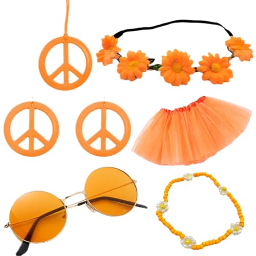 ZGCXRTO 6 Stück Hippie Kostüm Set, Hippie Accessoires mit Hippie Brille, Peace Kette, Ohrringe, Armbänder, Haarschmuck, Tütü Damen Orange, 70er Jahre Accessoires für Party verkleiden ZGCXRTO 6 Stück Hippie Kostüm Set, Hippie Accessoires mit Hippie Brille, Peace Kette, Ohrringe, Armbänder, Haarschmuck, Tütü Damen Orange, 70er Jahre Accessoires für Party verkleiden von ZGCXRTO