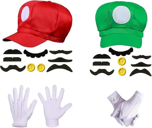 ZGCXRTO Bros Kostüm Zubehör,brothers kostüm,Rot Grün Hut Kappen,Handschuhe Bart Gelbe Knöpfe,Kindheitshelden Klassische Cosplay Karneval Fasching Party Verkleidung Kostüm (C) von ZGCXRTO