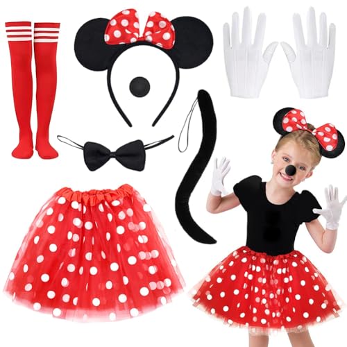 ZGCXRTO 7 PCS Damen Mouse Kostüm,Ballettkleider Haarreifen Handschuhe Nase,Haarreifen mit Maus Ohren,Rote Tutu mit weiß Gepunktet,Kinder Tüll Kleid für Karneval Cosplay Fasching Halloween Party (D) von ZGCXRTO
