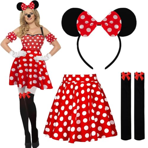 3 PCS Damen Mouse Kostüm,Rote Rock mit weiß Gepunktet, Rote Mit weiß Gepunktet Mouse Ohren Haarreifen und Tutu, Damen Maus Kostüm Zubehör Set,Haarreifen, Socken, Cosply Kostüm für Fasching Karneval(E) von ZGCXRTO
