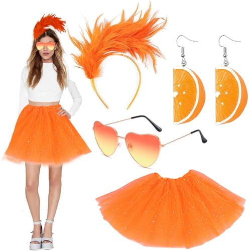 ZGCXRTO Haarreif Orange Karneval Fasching Früchte Kostüm,Orange Rock Damen mit Orange Feder Stirnband und Orange Herz Brille,Geeignet für Karneval, Maskeraden und Bühnenauftritte (Art déco) von ZGCXRTO