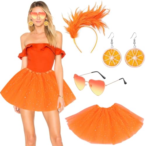 ZGCXRTO Haarreif Orange Karneval Fasching Früchte Kostüm,Orange Rock Damen mit Orange Feder Stirnband und Orange Herz Brille,Geeignet für Karneval, Maskeraden und Bühnenauftritte (Modern) von ZGCXRTO