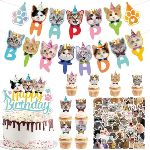 ZGCXRTO Katze Geburtstag Dekoration,11 Stück Niedliches Kätzchen Kuchendekoration Cartoon Cat Tortendeko Tiere 100 Niedliche Katze Aufkleber Wasserfeste Vinyl Aufkleber Für Geburtstagsparty von ZGCXRTO