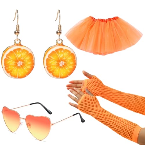 ZGCXRTO Tüllrock Orange Damen Karneval Kostüm mit Früchte Ohrringe,Orange Herz Brille Orange Stulpen,Kostüm für Karneval,Fasching,Mottoparty von ZGCXRTO
