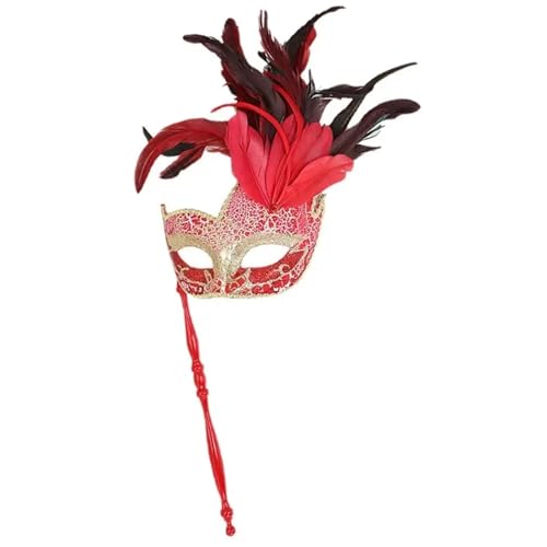 ZGCrumphant Party Masken Feder Make-up Ball Maske mit Stick Performance Maskerade Maske für Party(Red) von ZGCrumphant
