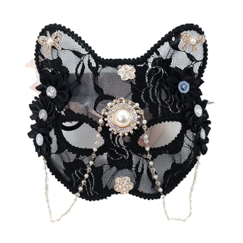 ZGCrumphant Spitze Katze Perle Schmetterling Maskerade Maske Mode Kostüm Zubehör for Damen und Mädchen für Party(Black) von ZGCrumphant