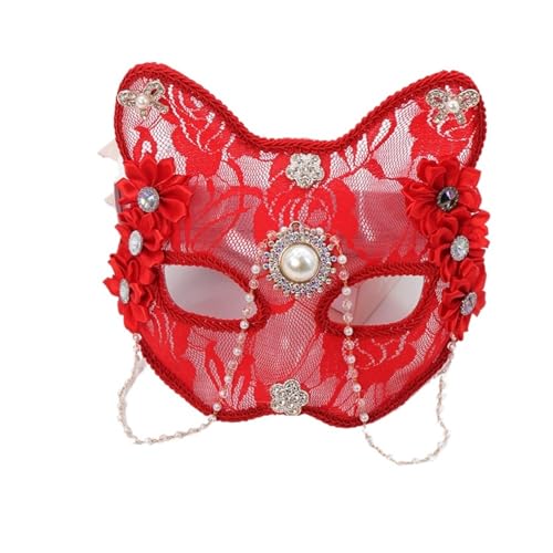 ZGCrumphant Spitze Katze Perle Schmetterling Maskerade Maske Mode Kostüm Zubehör for Damen und Mädchen für Party(Red) von ZGCrumphant