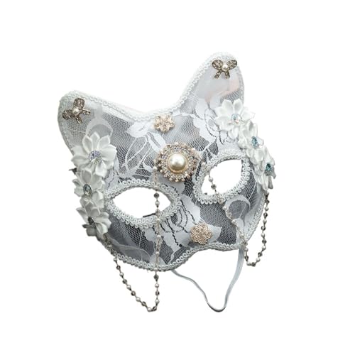 ZGCrumphant Spitze Katze Perle Schmetterling Maskerade Maske Mode Kostüm Zubehör for Damen und Mädchen für Party(WHITE) von ZGCrumphant