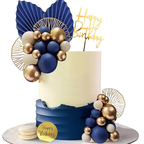 Tortendeko Gold Blau mit Kugeln und Palmblättern, Boho Kuchen Deko für Geburtstag, Cake Topper Happy Birthday Dekoration, Babyparty Dekorationen, für Hochzeit Geburtstag Jubiläum(Blau, Weiß und Gold) von ZGDYi