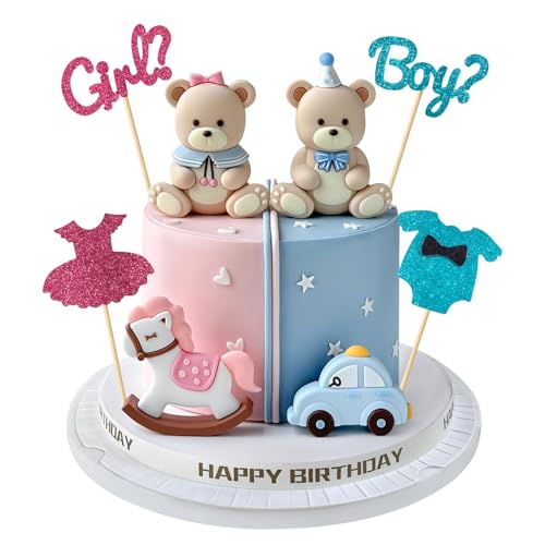 8 Stück Cake Topper Gender Reveal, Boy or Girl Tortendeko Set mit Glitzer Kleid & Strampler, Teddybär, Auto & Schaukelpferd, Babyparty Deko Junge Mädchen, Baby Shower Torte Dekoration Junge Mädchen von ZGGZHeim