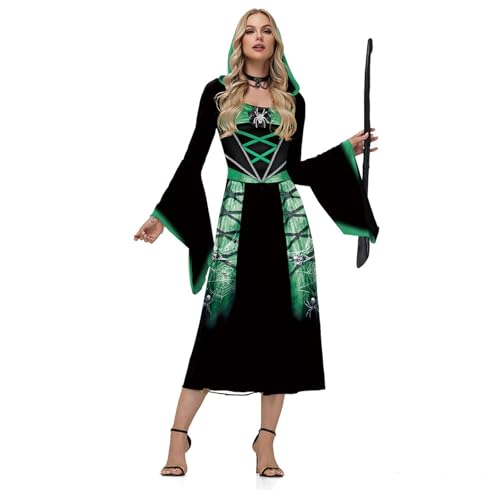 ZGIDDAZ Halloween Kleid Damen Hexenkleid Trompetenärmel Skelett Kleid Gruselig Hexen-Kostüm Festliche Kleider Hexenkostüm mit Kapuze Cosplay Party Gothic Kleidung für Karneval Green M von ZGIDDAZ