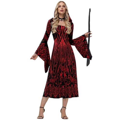 ZGIDDAZ Halloween Kleid Damen Hexenkleid Trompetenärmel Skelett Kleid Gruselig Hexen-Kostüm Festliche Kleider Hexenkostüm mit Kapuze Cosplay Party Gothic Kleidung für Karneval Red L von ZGIDDAZ