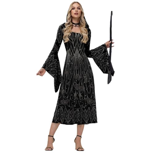 ZGIDDAZ Halloween Kleid Damen Hexenkleid Trompetenärmel Skelett Kleid Gruselig Hexen-Kostüm Festliche Kleider Hexenkostüm mit Kapuze Cosplay Party Gothic Kleidung für Karneval White 1 L von ZGIDDAZ