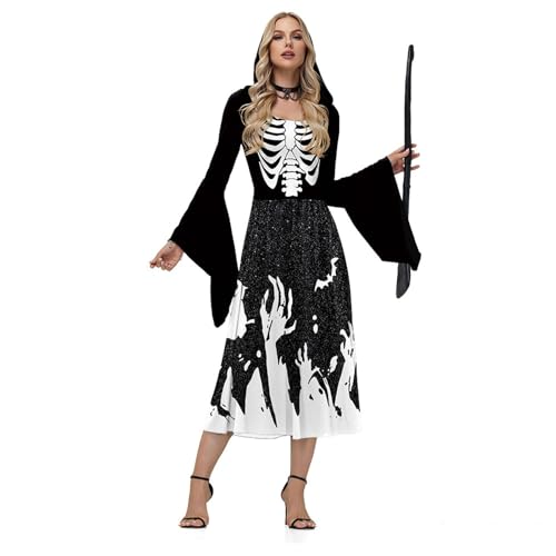ZGIDDAZ Halloween Kleid Damen Hexenkleid Trompetenärmel Skelett Kleid Gruselig Hexen-Kostüm Festliche Kleider Hexenkostüm mit Kapuze Cosplay Party Gothic Kleidung für Karneval White L von ZGIDDAZ