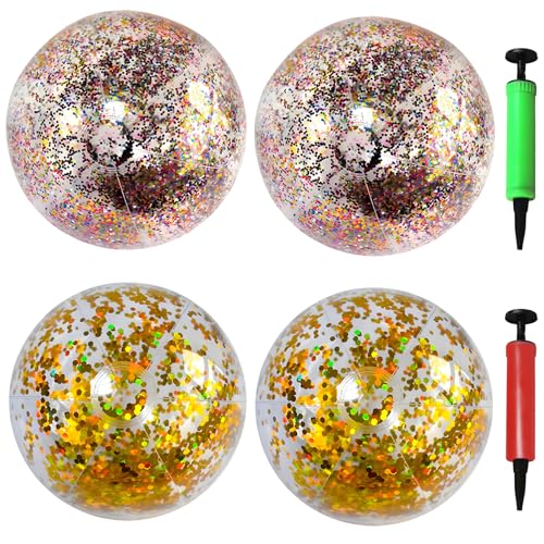 4 Stück Wasserball Glitzer, 40/28cm Wasserball Aufblasbar, Strandball Aufblasbar, Schwimmbad Spielzeug für Pool Party Beach Wasserspielzeug von ZHAO GE