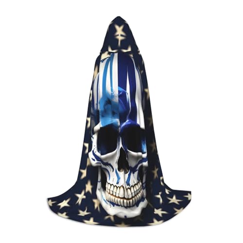 ZHAOLQ Blauer gestreifter Totenkopf-Aufdruck, Unisex, Kapuzenumhang, Robe, Halloween, Cosplay, Weihnachten, Karneval, tragbares Kostüm von ZHAOLQ