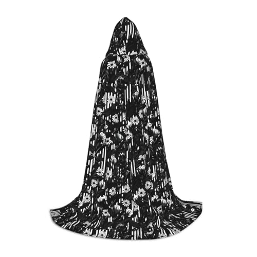 ZHAOLQ Schwarz-weiß gestreifter Blumendruck, Unisex, Kapuzenumhang, Robe, Halloween, Cosplay, Weihnachten, Karneval, tragbares Kostüm von ZHAOLQ