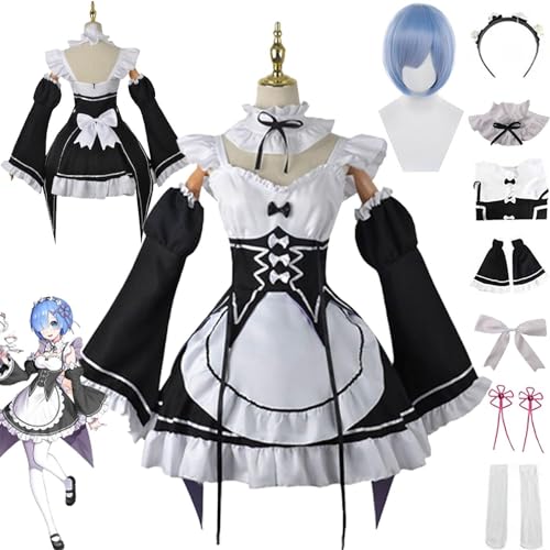 ZHAOSJ Anime Rem Ram Cosplay Kostüm Outfit Re Life In A Different World From Zero Maid Dress Uniform Komplettset Halloween Party Dress Up Anzug mit Perücke von ZHAOSJ