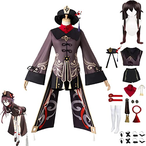 ZHAOSJ Genshin Impact Hu Tao Cosplay Kostüm Outfit Spiel Anime Charaktere Uniform Kleid Komplettes Set Halloween Dress Up Anzug mit Perücke Hut von ZHAOSJ