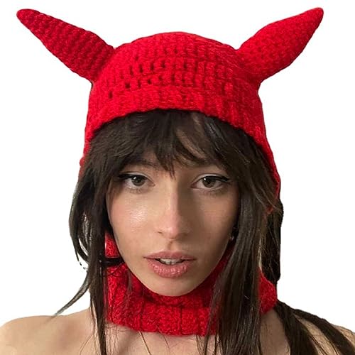 ZHGFXIN Neue Stil Frauen Halloween Horn Form Stricken Feste Farbe Cartoon Süße Partybühne Mit Neckerchief Mode Rote Kleiderhüte Für Männer Frauen Halloween Dekorationen Hornwinddichte Mützenbühne von ZHGFXIN