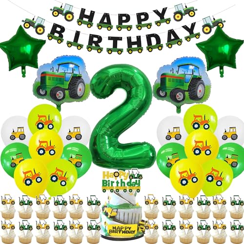 Traktor Ballon Geburtstag 2 Jahre, Traktor Kindergeburtstag Deko Banner Traktor Cupcake Topper Traktor Folienballon Luftballon für Jungen Mädchen Geburtstagdeko Babyshower von ZHGIUWER