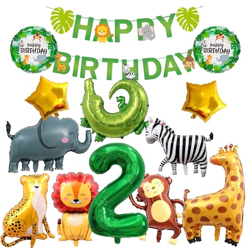 Dschungel Deko 2 Geburtstag, Dschungel Geburtstagsdeko 2 Jahre, Safari Tiere Folienballon 2, Safari Waldtiere Luftballon Happy Birthday Banner Geburtstag 2, Dekoration Kindergeburtstag Mädchen Junge von ZHGIUWER