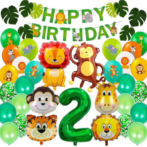 Dschungel Geburtstagsdeko 2 Jahre, Dschungel Deko 2 Geburtstag, Safari Tiere Folienballon 2, Safari Waldtiere Luftballon Happy Birthday Banner Geburtstag 2, Dekoration Kindergeburtstag Mädchen Junge von ZHGIUWER