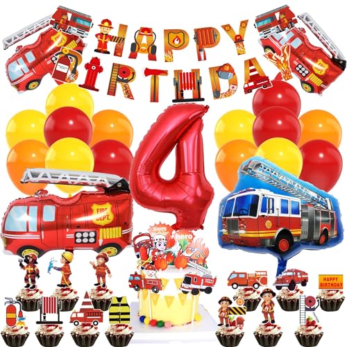 Feuerwehrmann Deko Geburtstag, Feuerwehrmann Luftballon, Feuerwehrmann Folienballon, Latexballon, Feuerwehrmann Deko Kindergeburtstag,für 4 Jahre Kinder Party Supplies von ZHGIUWER