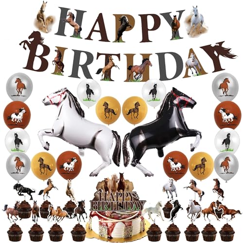 Pferd Thema Geburtstag Party Dekorationen, Pferd Ballons, Braun Pferd Party Geburtstag, Jungen und Mädchen Pferd Thema mit Happy Birthday Banner, Kuchenaufsätze für Pferderennen Geburtstag Cowboy von ZHGIUWER