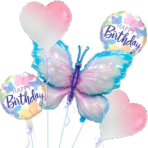Schmetterling Luftballons, Bunte Schmetterling Folieballons, 5 rosablaue Schmetterlingsballons, Schmetterlings Folienballons, geburtstag deko für Mädchen, Kindergeburtstage, Feenballons, Babyparty von ZHGIUWER