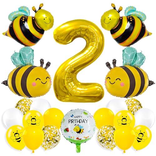 2 Jahre Biene Geburtstag Deko, Bienen Luftballon Set 2. Kinder Geburtstag Deko Zahl 2 Folienballon Gold Süß Große Bienen Luftballon, Dekorationen für Kindergeburtstag mit Bienenmotiven (C) von ZHGIUWER