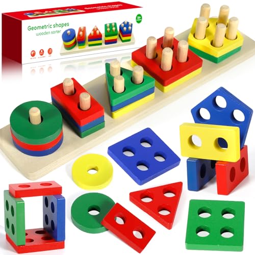 ZHHGOO Montessori Spielzeug ab 1 2 3 Jahre,Holz Sortier-& Stapelspielzeug mit 21 Stück geometrische Blöcke,Formklassifizierung Stapelspielzeug Lernspielzeug für Mädchen Junge Kinder Alter 1 2 3 von ZHHGOO