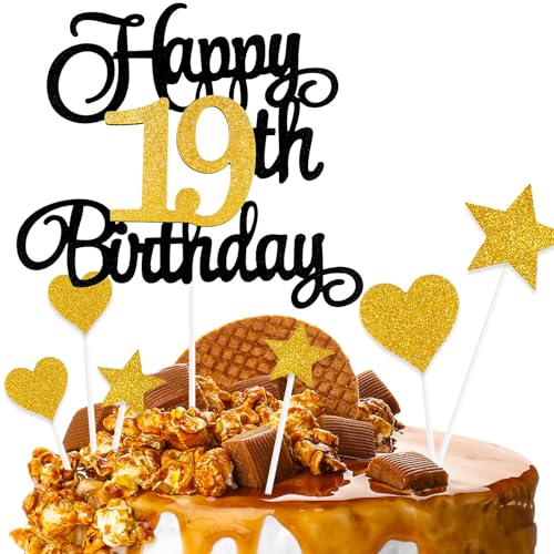 ZHIHUI Kuchendekoration, 7-teilig, personalisierbar, Happy 19 Years Birthday, Kuchenaufsätze für Jungen, Mädchen, Kinder, Happy Birthday-Schild für Kuchen, Glitzer-Cupcake-Topper zum 19. Geburtstag von ZHIHUI