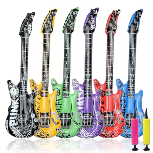 ZHITENG 6 Stück Luftgitarren Zum Aufblasen und 2 Luftpumpen, Aufblasbare Gitarre Party Fashion Luftgitarre Zubehör für Partys Gitarre Kinder für Pool Sommerfest und Mottoparty Zubehör von ZHITENG