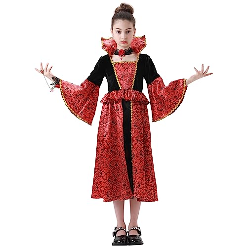 ZHIYUEE Halloween Kostüm Vampir Kleid Mädchen Queen Dress Up Karnevals Kinder Kleidung für Vampire mit Vampir Halskette und Armband (Rot, 120) von ZHIYUEE
