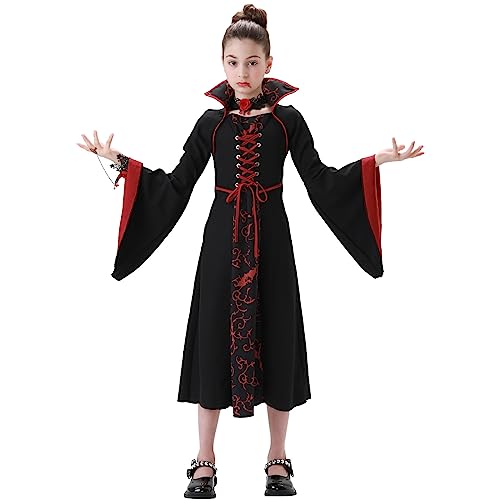 ZHIYUEE Halloween Vampir Kostüm Mädchen Vampir Kleid Gotisch Kinder Kleidung Viktorianisch Queen Vampirkostüm mit Armband Halskette Carnival Karneval (Rot, 120) von ZHIYUEE