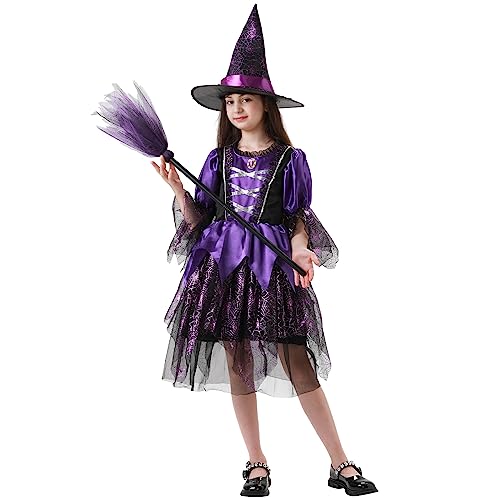 ZHIYUEE Hexenkostüm für Mädchen Halloween Hexenkleid mit Hexenhut und Hexenbesen Kinder Hexen Kostüm Deluxe Set Karneval Dress Up Party Cosplay (Lila, 120) von ZHIYUEE
