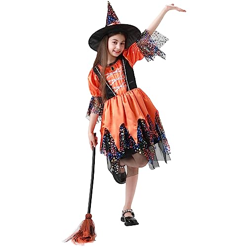 ZHIYUEE Hexenkostüm für Mädchen Halloween Hexenkleid mit Hexenhut und Hexenbesen Kinder Hexen Kostüm Deluxe Set Karneval Dress Up Party Cosplay (Orange, 120) von ZHIYUEE