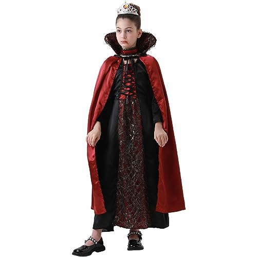 ZHIYUEE Vampir Kostüm für Mädchen Halloween Vampir Kleid und Umhang Royal Vampirkönigin Gothic Kinder Kostüm Deluxe Set Vampire Kleid Umhang Halskette (Rot, 140) von ZHIYUEE