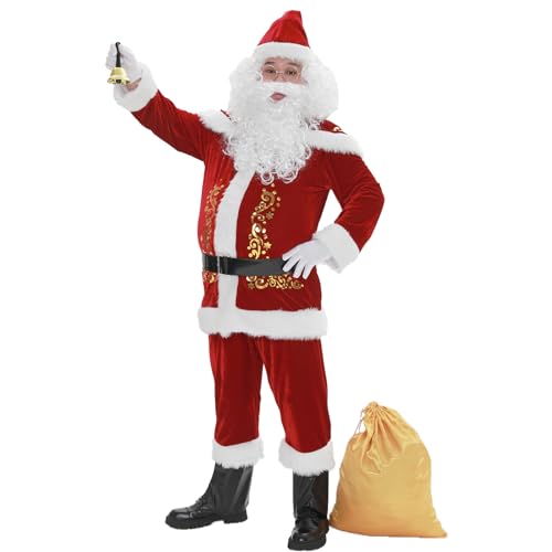 ZHIYUEE Weihnachtsmann Kostüm 12-teiliges Set Weihnachtsmann-Anzug Cosplay Nikolaus Kostüm Weihnachtsmann für Männer Weihnachten Karneval (Rot, L) von ZHIYUEE