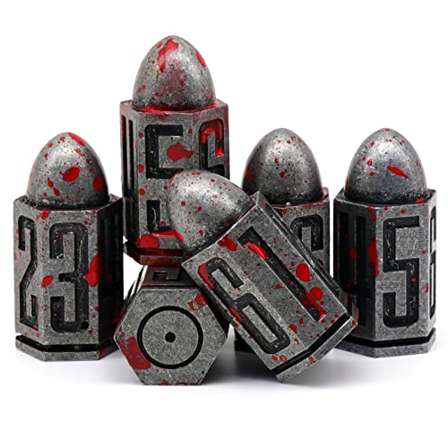 Bullet Metall Würfel Set, D6 DND Würfel 6pcs, ZHOORQI Blutfleck Polyedrische Würfel für D&D Dungeons and Dragons Zubehör Geschenk(Bullet - Altsilber) von ZHOORQI