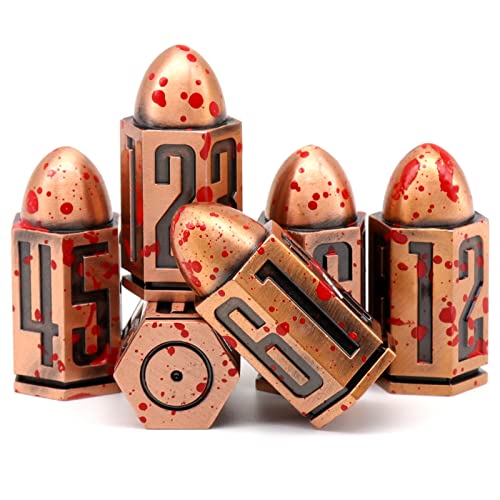 Bullet Metall Würfel Set, D6 DND Würfel 6pcs, ZHOORQI Blutfleck Polyedrische Würfel für D&D Dungeons and Dragons Zubehör Geschenk(Bullet - Red Copper) von ZHOORQI