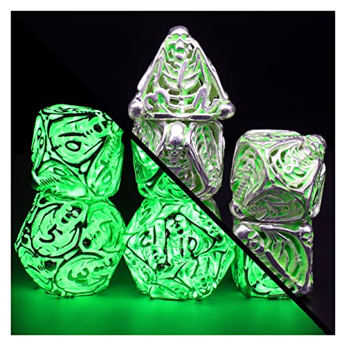 DND Würfel Fluoreszierende Skull Polyedrische Rollenspiel Würfelset, ZHOORQI 7 Stück/Set Metall Dice Spielwürfel for Dungeons and Dragons D&D Geschenke(Skull-Glowing Green) von ZHOORQI