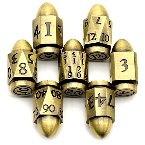 Bullet Würfelset Metall, DND Dice Set 7 Stück, ZHOORQI Dungeons and Dragons Würfel, Polyedrische Würfel Set D&D für Rollenspiele, Pathfinder, The Gun Dice Set for Table Games（7Bullet-Bronze） von ZHOORQI