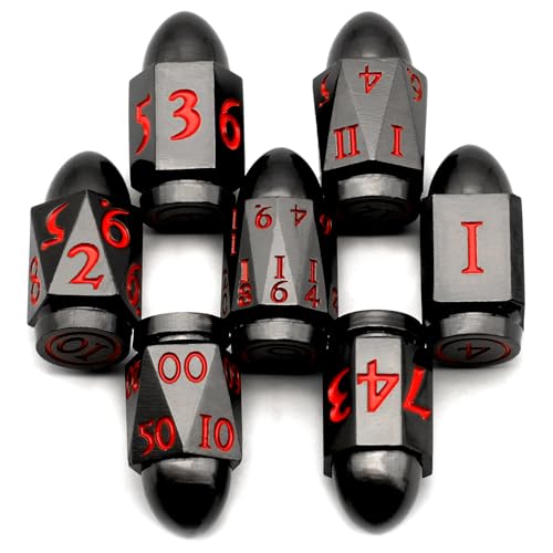 Bullet Würfelset Metall, DND Dice Set 7 Stück, ZHOORQI Dungeons and Dragons Würfel, Polyedrische Würfel Set D&D für Rollenspiele, Pathfinder, The Gun Dice Set for Table Games（7Bullet-Gun Red） von ZHOORQI