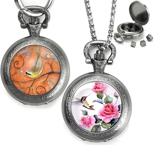 Mini DND Würfel Set mit Taschenuhr 2Pack, Polyedrische Metall Würfelset für Dungeons & Dragons/D&D, Kleine Würfel Tragbare Halskette Schlüsselanhänger für Männer Frauen RPG Geschenke(Flower & Bird-C) Mini DND Würfel Set mit Taschenuhr 2Pack, Polyedrische Metall Würfelset für Dungeons & Dragons/D&D, Kleine Würfel Tragbare Halskette Schlüsselanhänger für Männer Frauen RPG Geschenke(Flower & Bird-C) von ZHOORQI