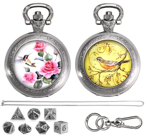 Mini DND Würfel Set mit Taschenuhr 2Pack, Polyedrische Metall Würfelset für Dungeons & Dragons/D&D, Kleine Würfel Tragbare Halskette Schlüsselanhänger für Männer Frauen RPG Geschenke(Flower & Bird-D) von ZHOORQI