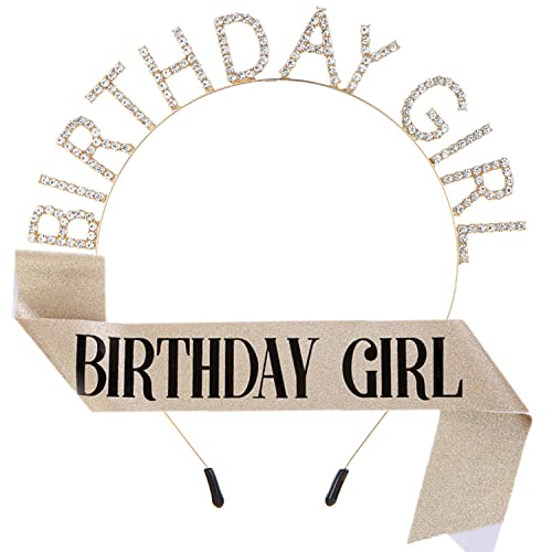 ZHOUHON Geburtstag Kopfschmuck, Geburtstag Schärpe, Mädchen Kristall Tiara, Girls Birthday Party Decorations Set (Gold) von ZHOUHON